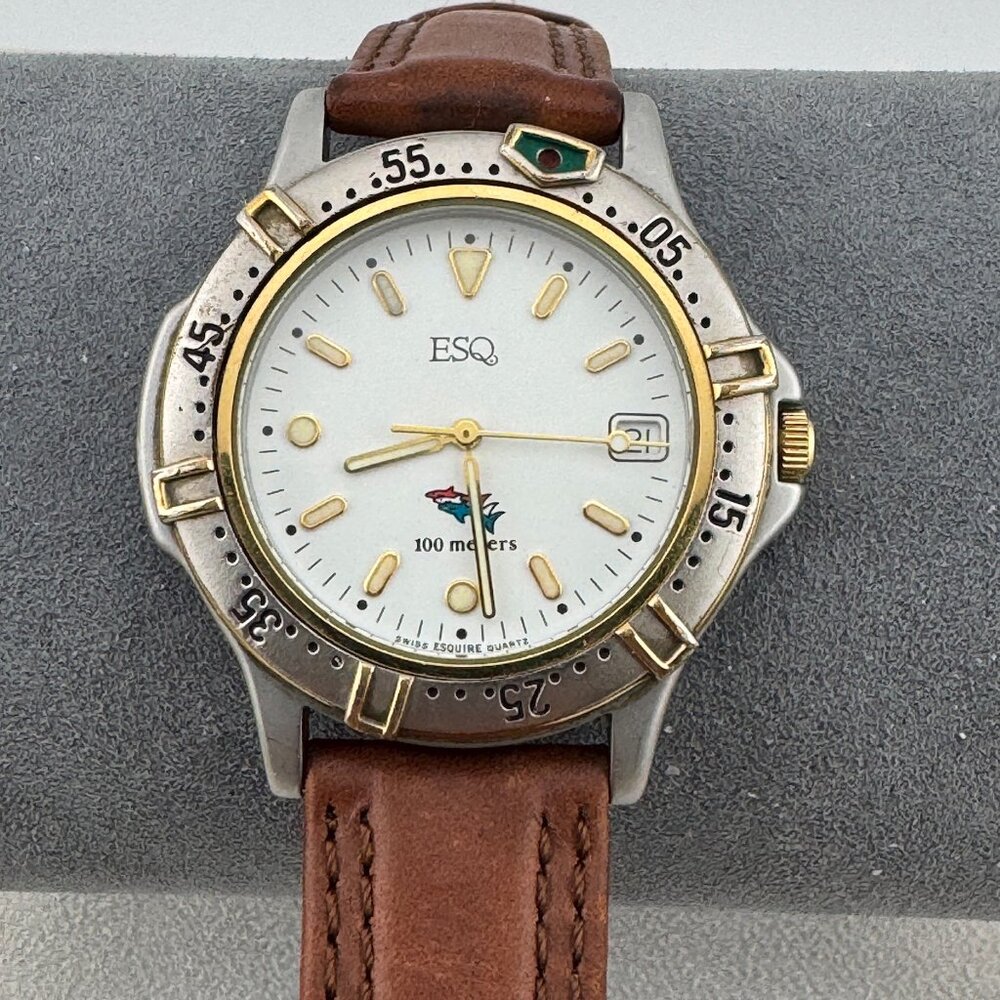 Vintage Movado ESQ Date Diver Swiss Watch ESQ Buckle with Brown Strap
